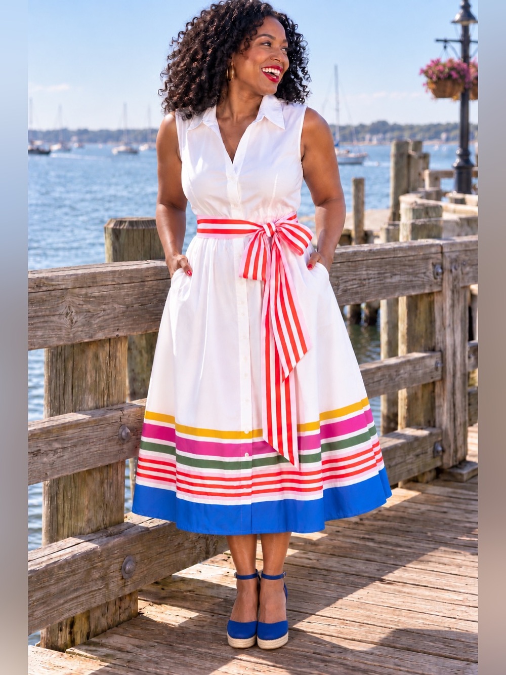 Boden White Sleeveless Shirt Dress with Red and Pink Striped Sash